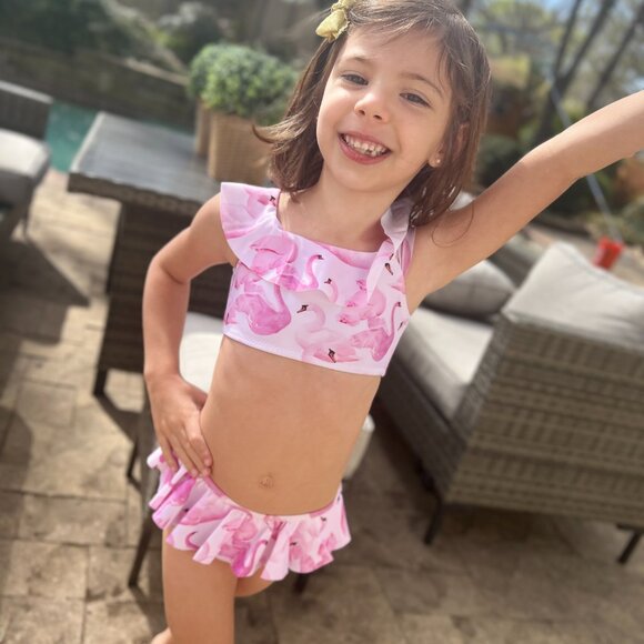 NWT STELLA COVE Ruffled Pink Flamingos off the shoulder swimsuit 4T - Picture 8 of 11